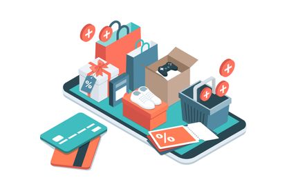 An illustrated image of a smartphone, credit cards, and stuffed shopping bags