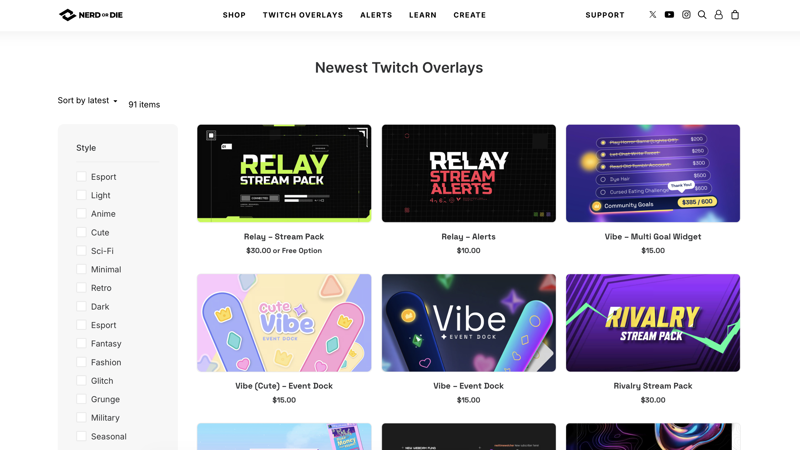 A screenshot of the Nerd or Die website showing Twitch overlays for sale.