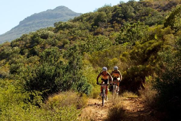 Stage winners and overall leader Burry Stander and Christoph Sauser during stage 1 of the 2011 Absa Cape Epic Mountain Bike stage race held from Saronsberg Wine Estate in Tulbagh, South Africa on the 28 March 2011