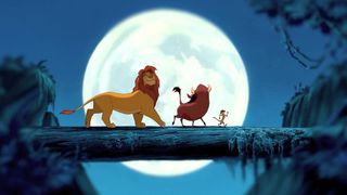 Best animated movies of the 90s; a lion and other animals walk across a fallen tree in front of a full moon