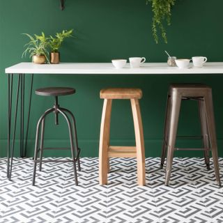 Kitchen floor tiles in green room with bar stools by British Ceramic Tile