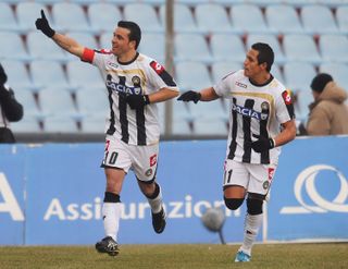 Antonio Di Natale celebrates with Alexis Sanchez after scoring for Udinese against Sampdoria, 2010