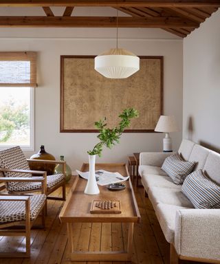 japandi style neutral living room with lots of wood and modern furniture