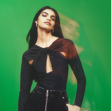 Model wearing clothing and accessories sold at Harvey Nichols on a green background