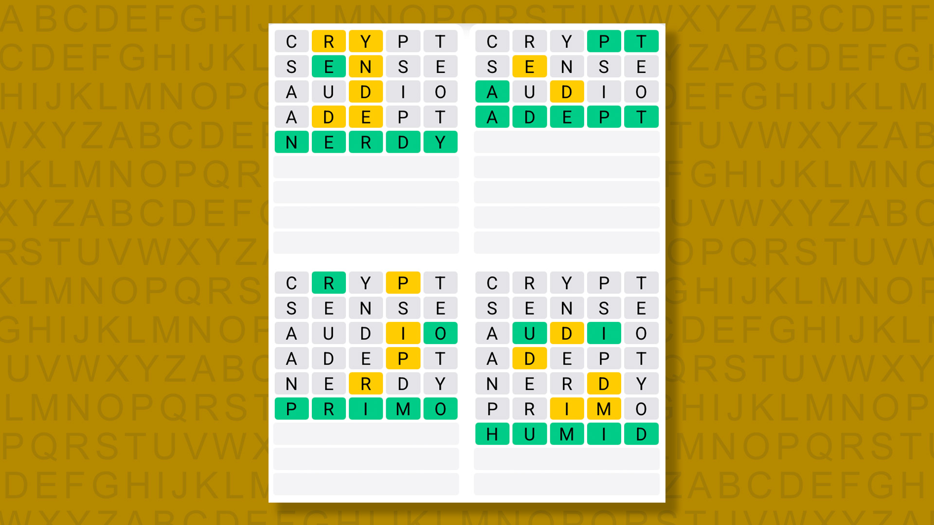 Quordle answers for game 1497 on a yellow background