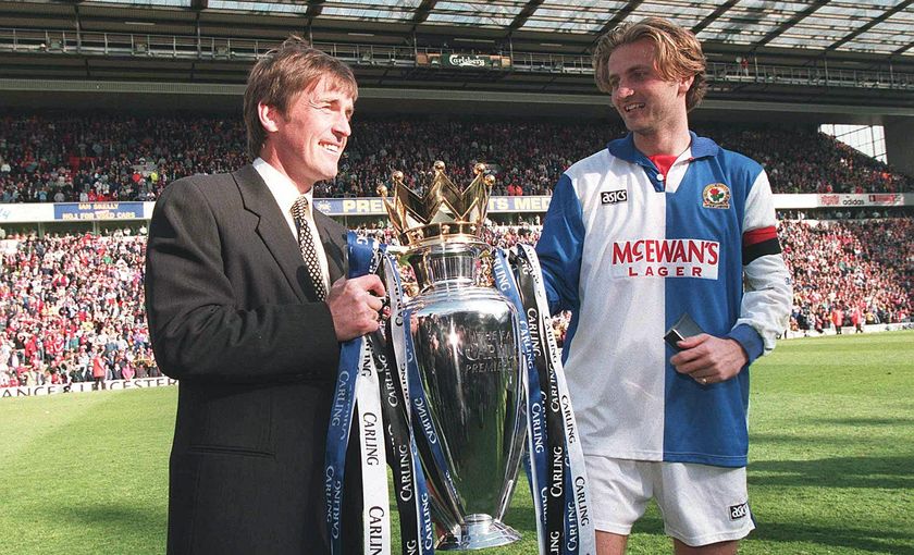 Blackburn Rovers manager Kenny Dalglish and captain Tim Sherwood with the Premier League trophies, 1995