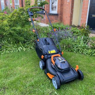 Worx Lawn Mower on front lawn