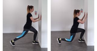 Woman performing knee bends against wall