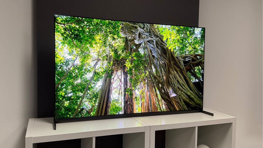 The 55-inch Sony Bravia 8 II QD-OLED TV photographed on a white table. On the screen is a nature documentary.