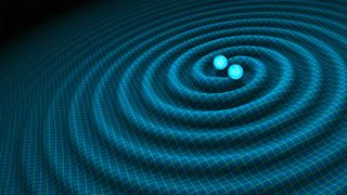 An artist's illustration of gravitational waves, or ripples in the space-time fabric, created by two merging black holes.