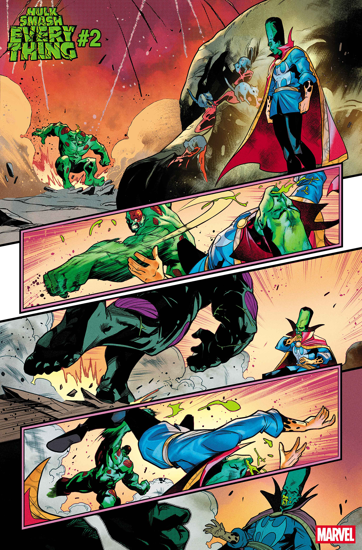 Hulk punching the Leader who is disguised as Doctor Strange