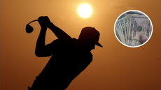 a silhouette of a golfer with an inset of dollar bills