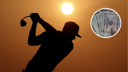 a silhouette of a golfer with an inset of dollar bills