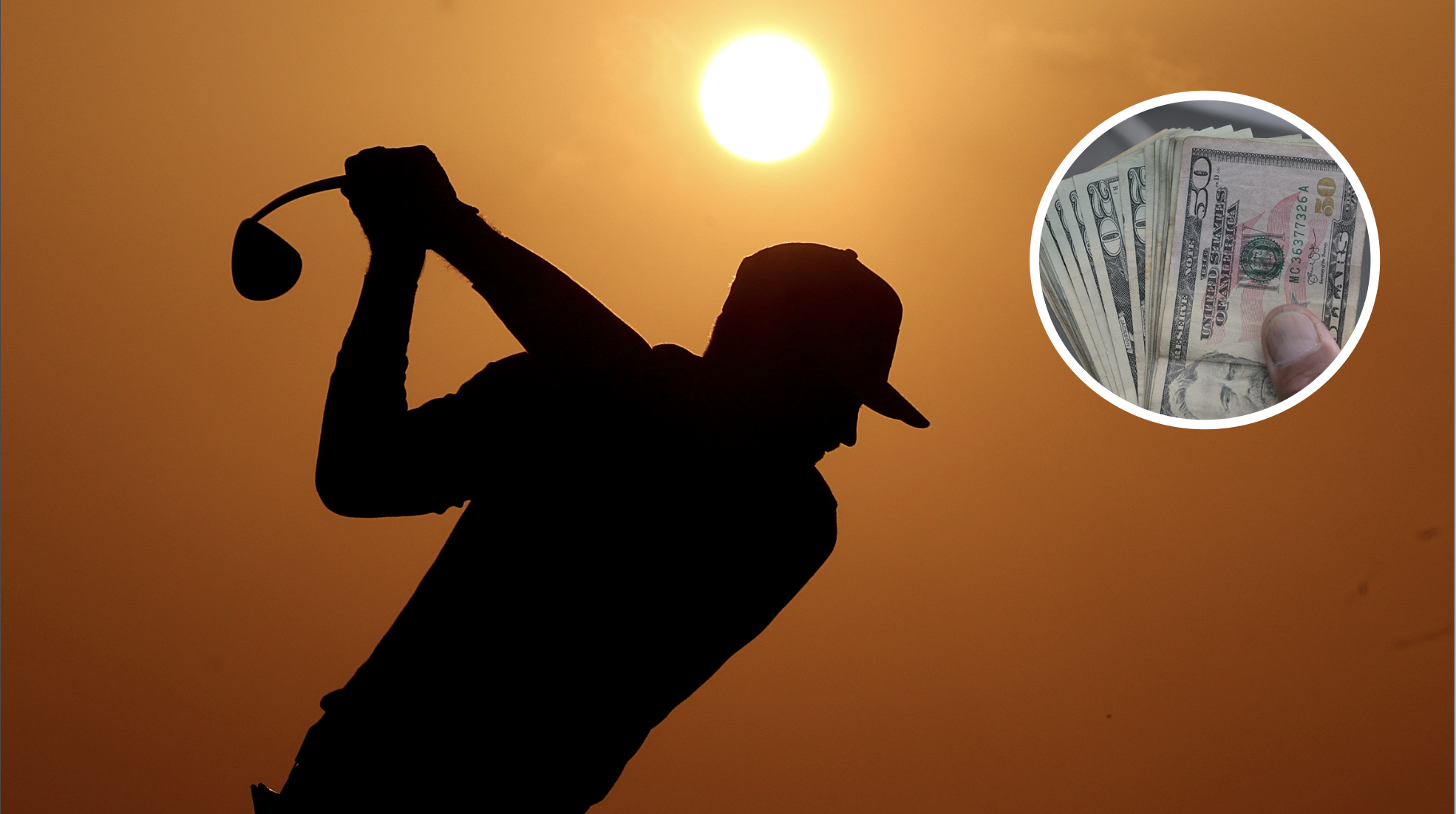 a silhouette of a golfer with an inset of dollar bills
