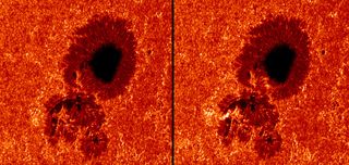 Images of the solar surface, as seen by the Hinode Solar Optical Telescope before and during a white-light solar flare on Dec. 14, 2006.