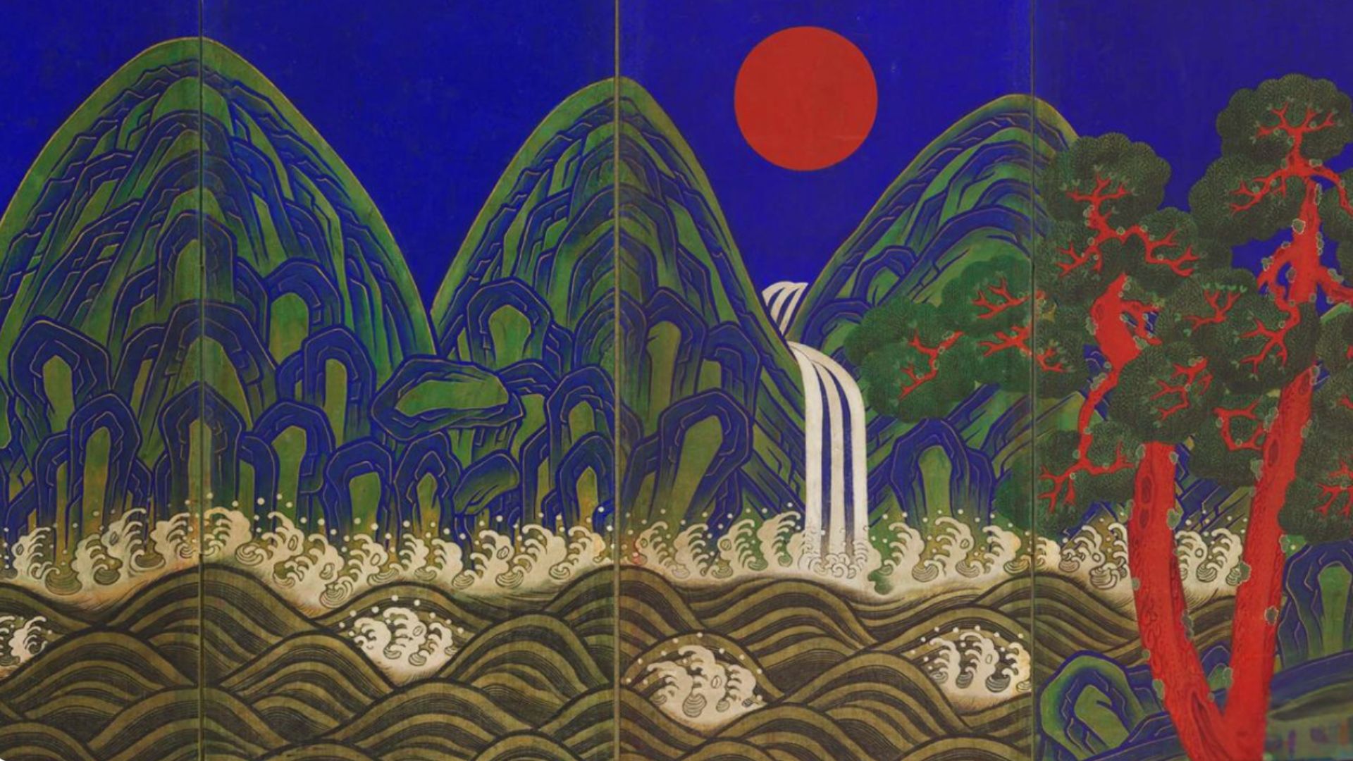 an image of Irworobongdo, a traditional Korean six-panel folding screen titled Sun, Moon and Five Peaks, which is featured in the special Korea exhibition at the British Museum