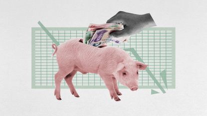Photo collage of a pig with a piggybank slot in its back, and a hand withdrawing a bundle of yuan notes from it.