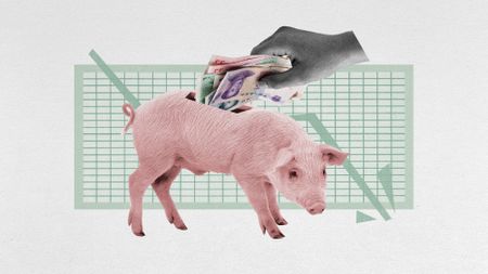 Photo collage of a pig with a piggybank slot in its back, and a hand withdrawing a bundle of yuan notes from it.