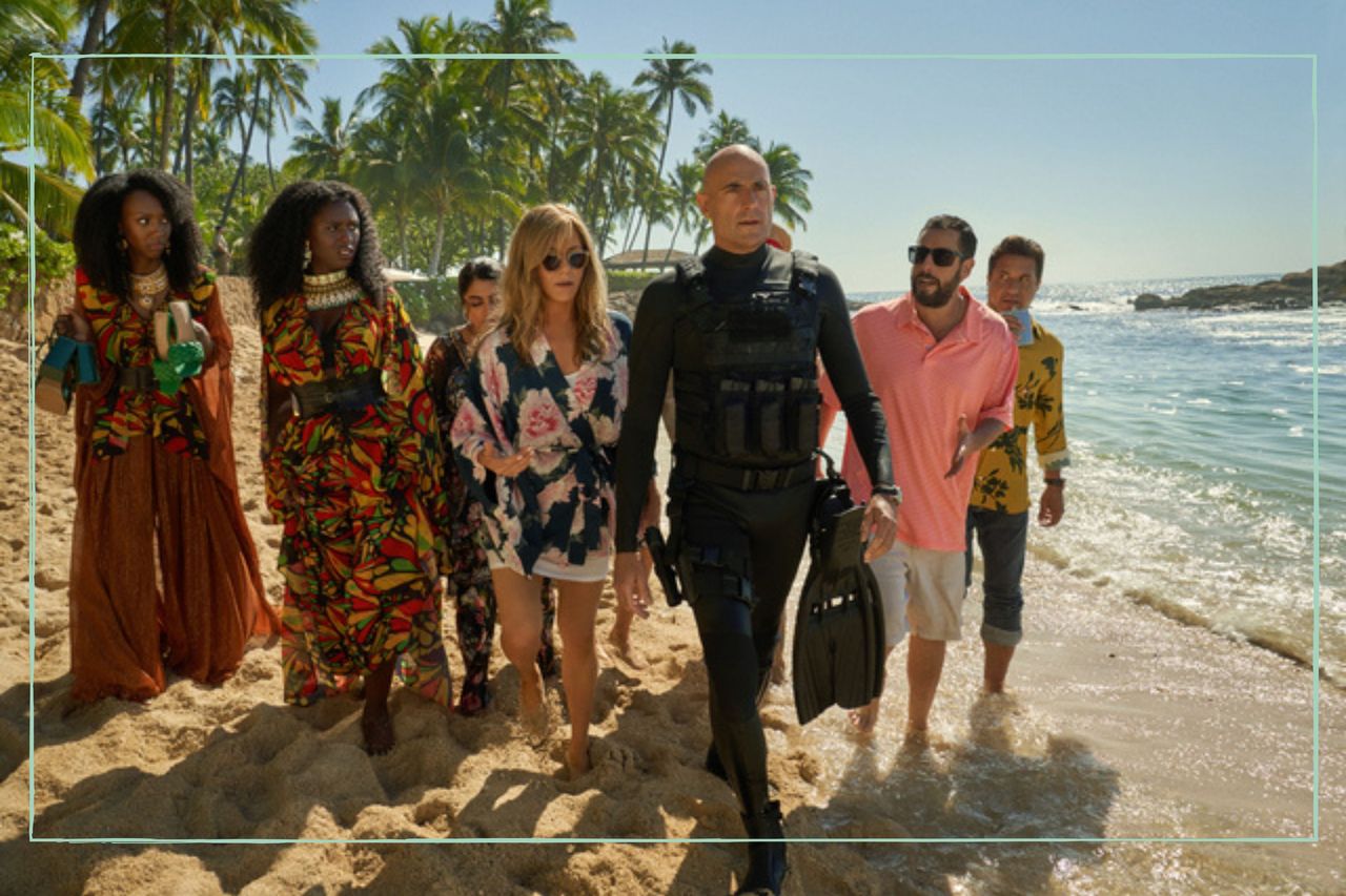 Zurin Villanueva as Imani, Jodie Turner-Smith as Countess, Kuhoo Verma as Saira, Jennifer Aniston as Audrey Spitz, Mark Strong as Miller, Adam Sandler as Nick Spitz and Enrique Arce as Francisco in Murder Mystery 2