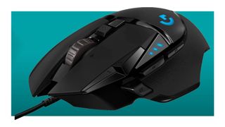 Logitech G502 Hero gaming mouse against a teal background, with a white border