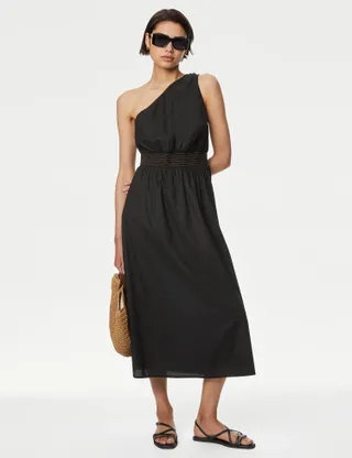 M&S Collection, Pure Cotton One Shoulder Midi Waisted Dress