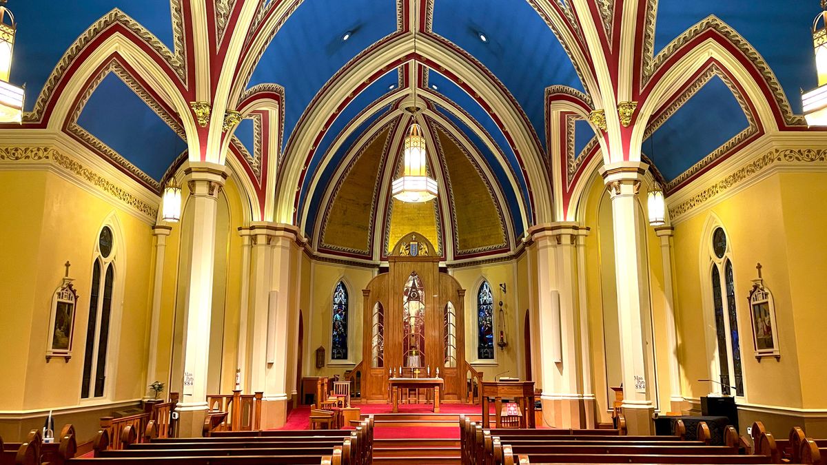 St. James Basilica high arching ceiling in gold and blue, with audio powered by Renkus-Heinz.