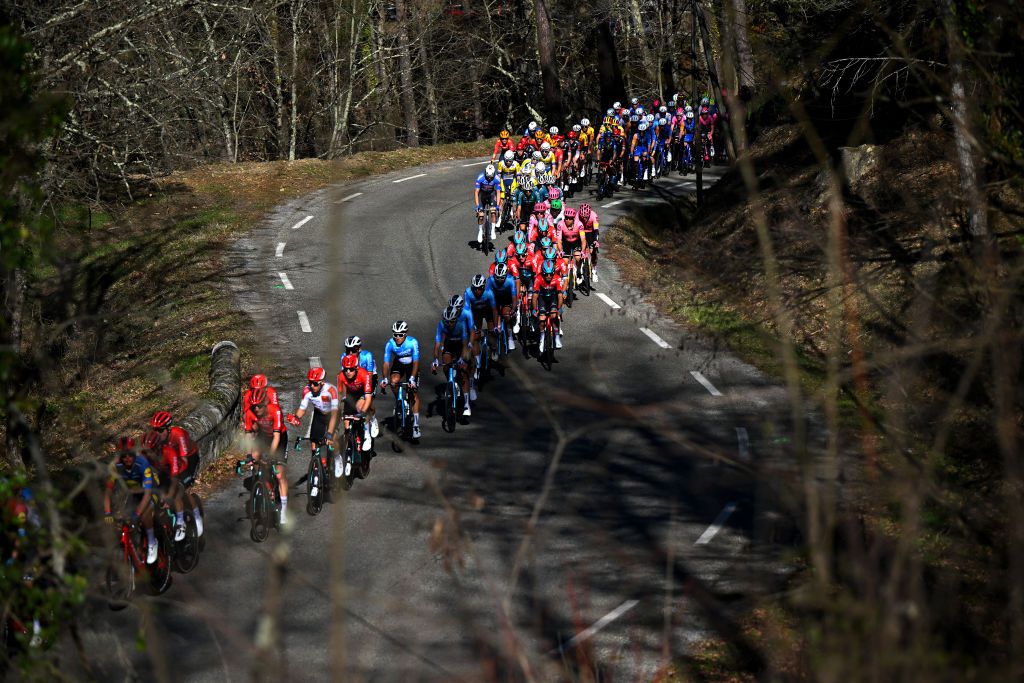 BESSEGES FRANCE FEBRUARY 02 A general view of the peloton competing during the 54th Etoile de Besseges Tour du Gard Stage 3 a 16111km stage from Besseges to Besseges on February 02 2024 in Besseges France Photo by Luc ClaessenGetty Images