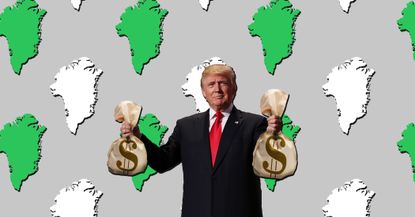 President Trump holding two bags of money to buy Greenland.