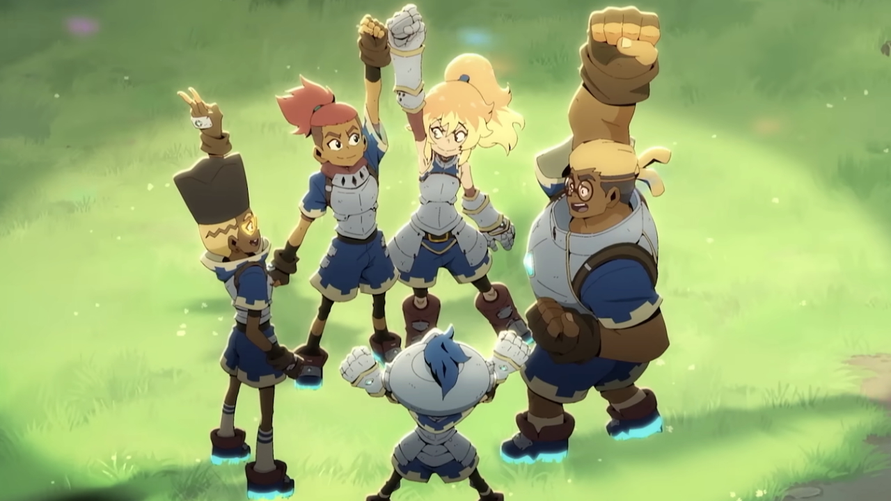 Key, Ssyelle and the rest of the team with their arms raised in Dragon Striker