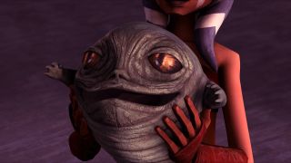 Ahsoka Tano holding Rotta the Hutt in Star Wars: The Clone Wars movie