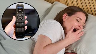 A woman wakes up tired and yawning as she fell asleep in front of the TV. In the top left foreground, a circular frame shows a TV remote. 