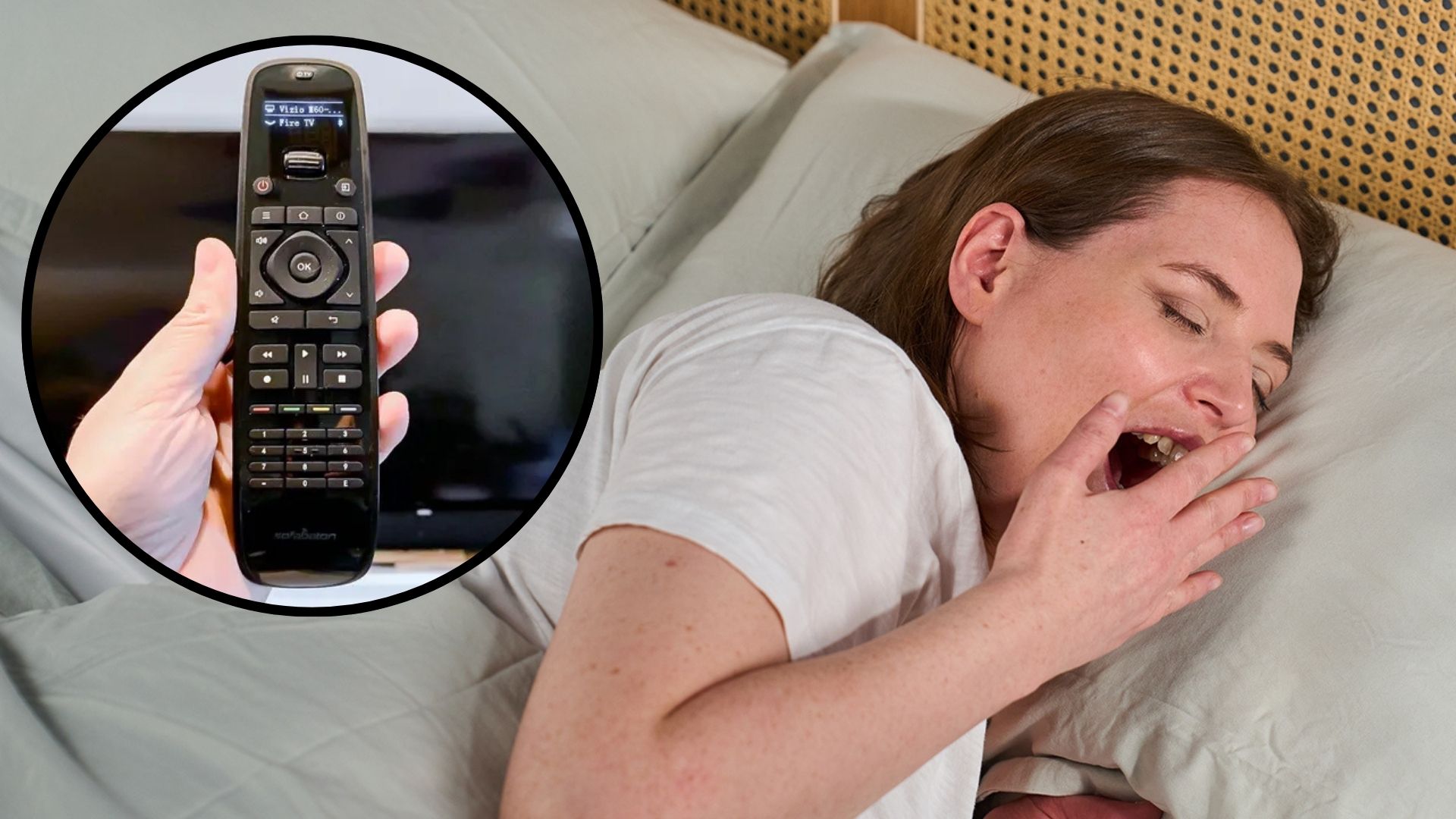 A woman wakes up tired and yawning as she fell asleep in front of the TV. In the top left foreground, a circular frame shows a TV remote. 