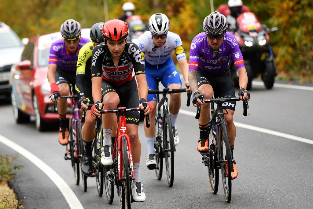 CIUDADRODRIGO SPAIN NOVEMBER 06 Kobe Goossens of Belgium and Team Lotto Soudal Remi Cavagna of France and Team Deceuninck QuickStep Angel Madrazo of Spain and Team Burgos BH Breakaway during the 75th Tour of Spain 2020 Stage 16 a 162km stage from Salamanca to Ciudad Rodrigo lavuelta LaVuelta20 La Vuelta on November 06 2020 in Ciudad Rodrigo Spain Photo by David RamosGetty Images