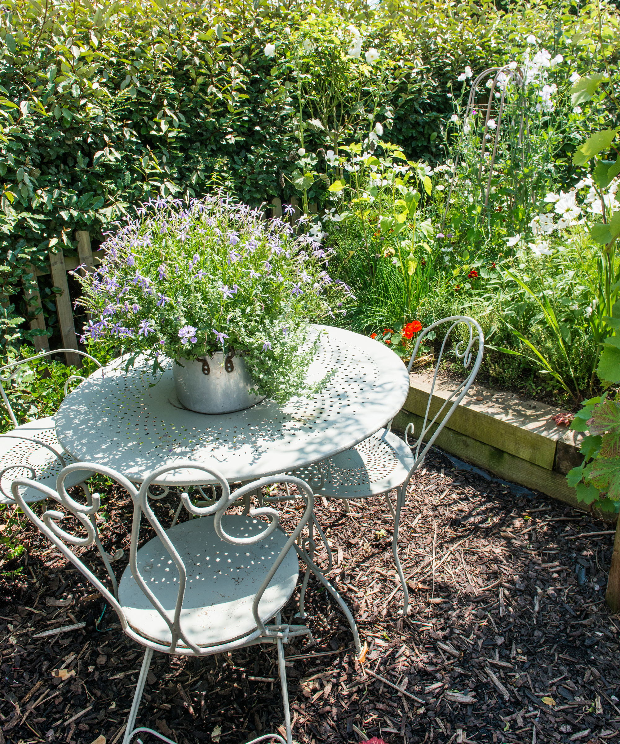 table centerpiece planter in a small garden made from an upcycled metal pan
