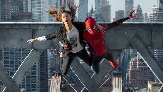 MJ (Zendaya) flying with Spider-Man (Tom Holland) in Spider-Man: No Way Home