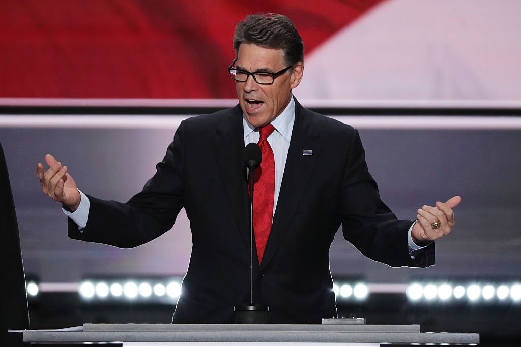 Former Texas Gov. Rick Perry, nominated to head the U.S. Department of Energy, performs a mic test at the Republican National Convention on July 18, 2016, in Cleveland, Ohio. 