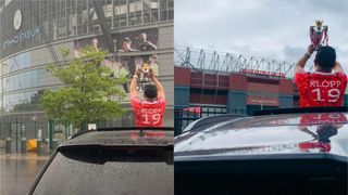 Liverpool fan Shahid Malji holds a replica Premier League trophy at Old Trafford and the Etihad Stadium