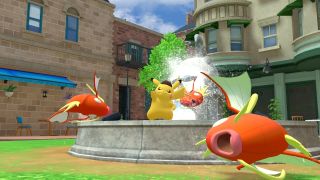 A screenshot showing Detective Pikachu and some Magikarp in Detective Pikachu Returns