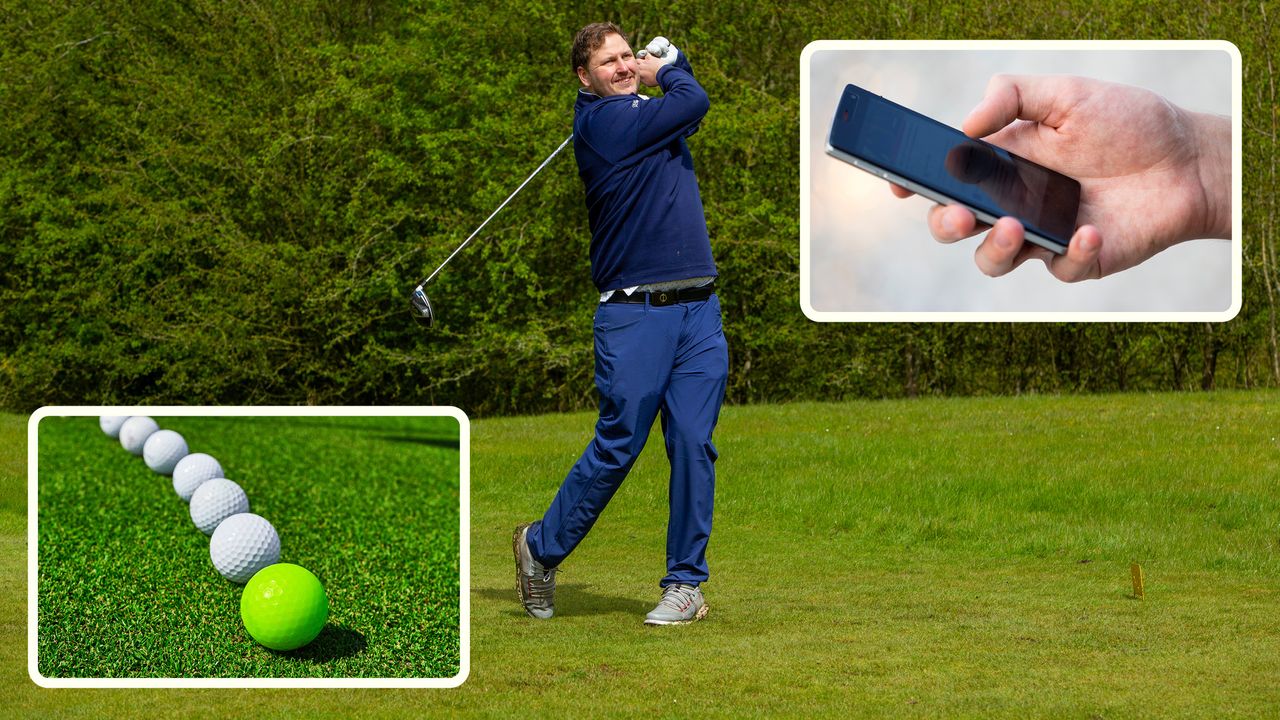 Nick Bonfield taking a tee shot with inset images of a person holding a mobile phone and a line of golf balls on the grass