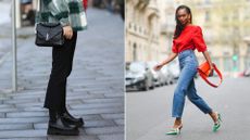 Two street style images of people wearing Levi's Ribcage jeans 