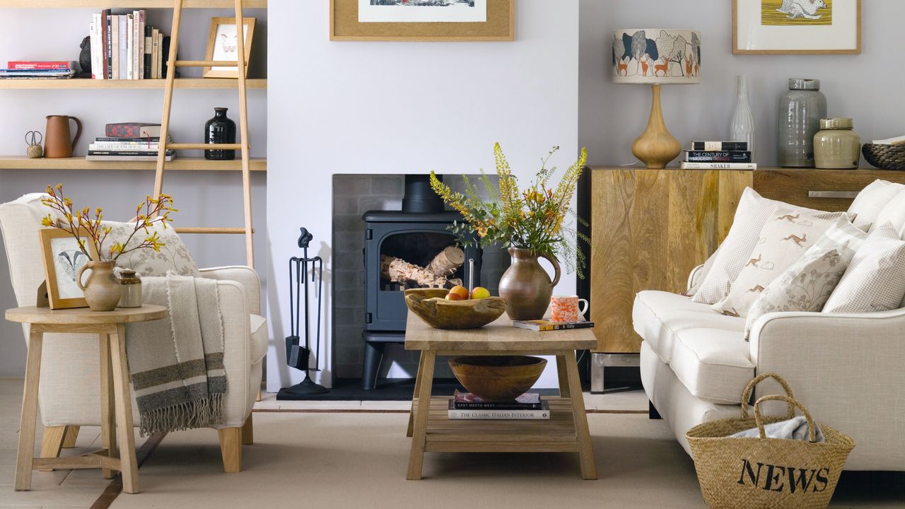 Light coloured living room interiors with sofa, table, and shelves