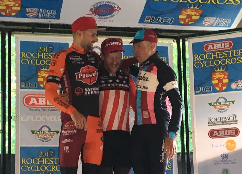 Rob Peeters, Stephen Hyde and Jeremy Powers on the Rochester Cyclocross podium