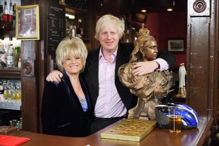 Mayor of London, Boris Johnson, with Peggy Mitchell, played by Barbara Windsor, in the Queen Vic