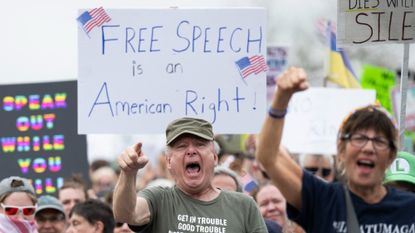 Protesters support free speech during a rally in Washington, D.C.