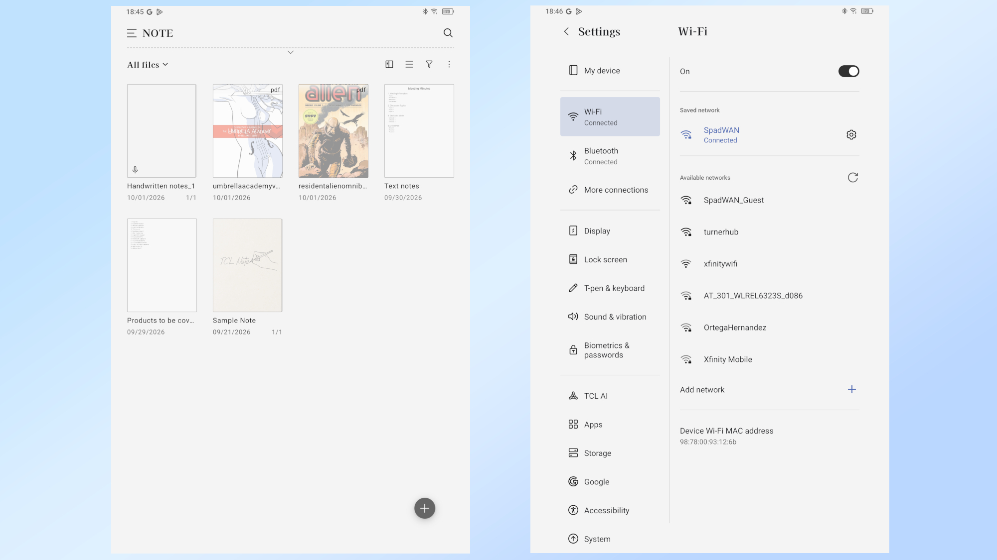 A pair of screenshots showing off the TCL Note A1 tablet's home screen and settings menu