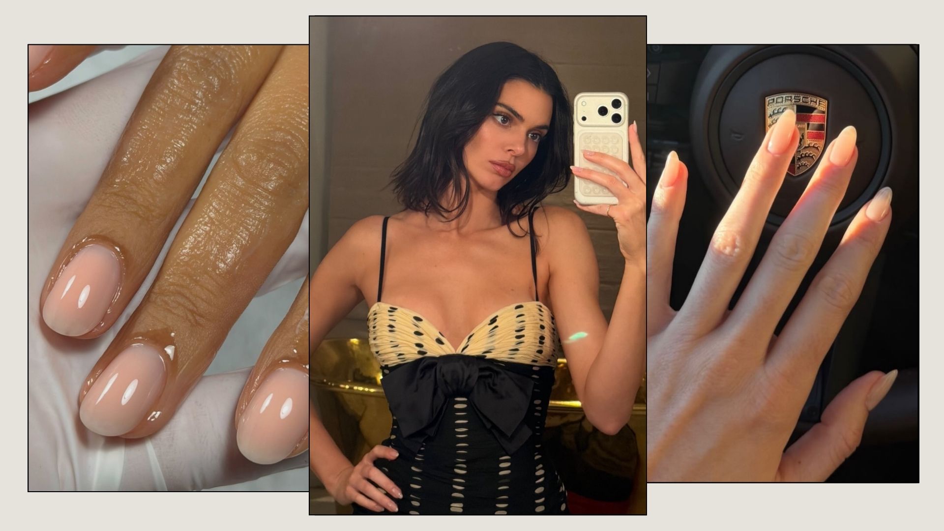 A collage of three photos, with Kendall Jenner taking a selfie in a polka dot dress, a photo of her sheer apricot gloss nails and a sheer peach manicure by Harriet Westmoreland