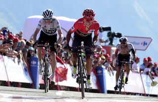 Nairo Quintana (Movistar) and Chris Froome (Team Sky) sprint for the finish line at the end of stage 14