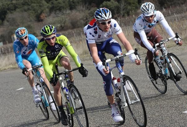 A breakaway including race winner Christophe Riblon (right, Ag2R-La Mondiale) trades turns during their escape.