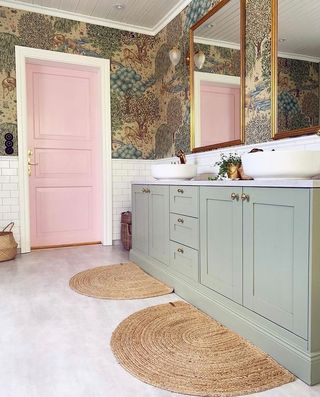 Ikea bathroom hacks green vanity unit and botanical wallpaper