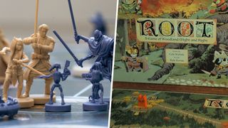 Tokens from Clone Wars Pandemic and the box of Root in front of its board